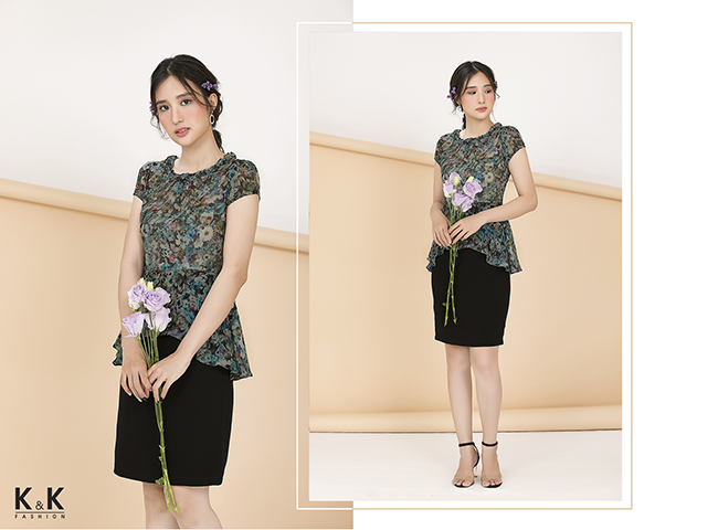 Váy peplum đen phối họa tiết hoa thanh lịch KK72-39