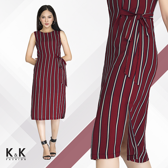 Váy dáng dài họa tiết kẻ sọc thắt nơ eo HL02-24
