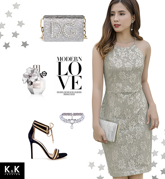 Đầm ôm dự tiệc với chất liệu ren kim sa lấp lánh sang trọng KK73-03