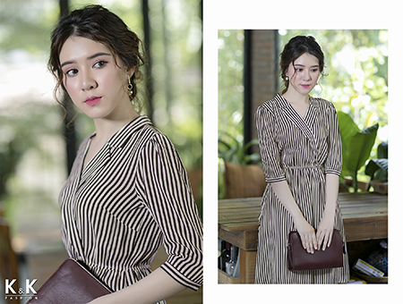 Đầm họa tiết kẻ sọc cổ đan tông KK67-11