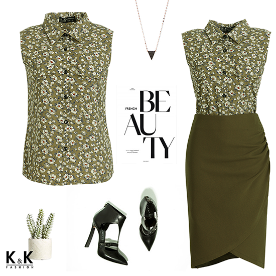 Set combo chân váy bút chì cách điệu + Áo sơ mi họa tiết