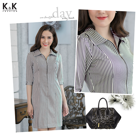 Đầm họa tiết kẻ sọc cách điệu với chi tiết dây kéo khóa tinh tế KK70-39