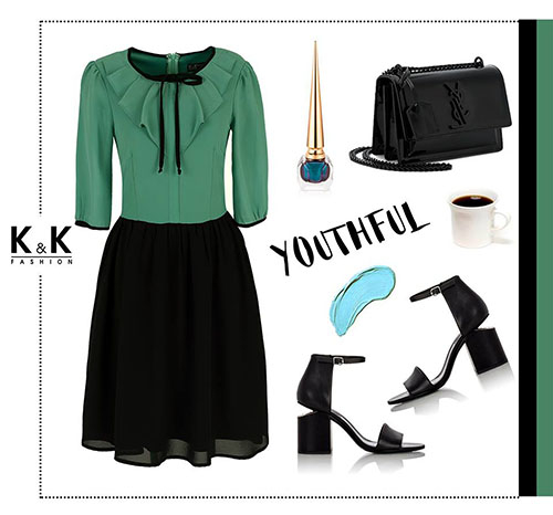 Đầm xòe công sở phối màu cách điệu ở cổ áo KK66-31