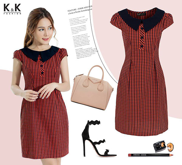 Đầm công sở họa tiết caro cổ peter pan KK65-40