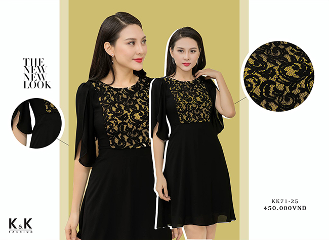 Đầm xòe đen voan phối ren cotton KK71-25