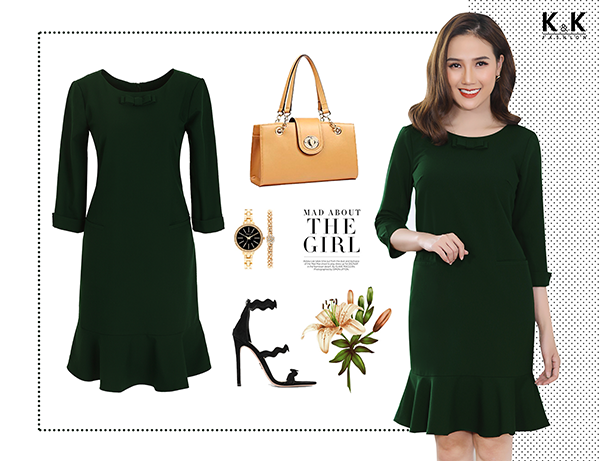 Đầm xanh hạ eo tay lửng KK70-37