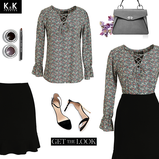 Set combo chân váy đuôi cá + áo sơ mi họa tiết