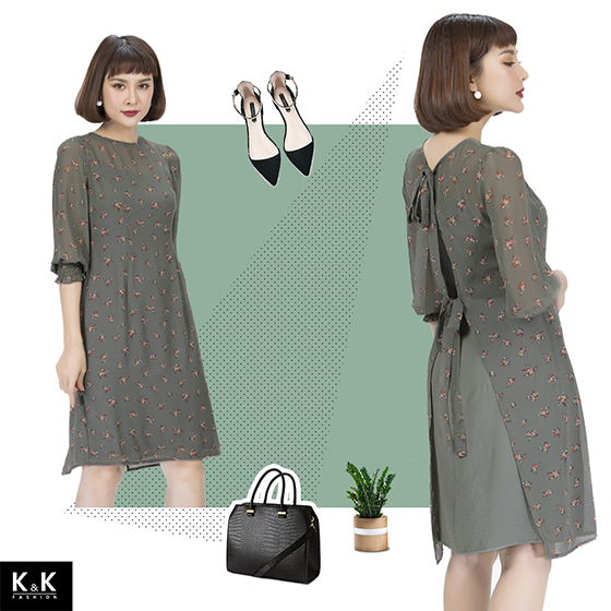 Đầm hoa nhí nền xanh rêu KK83-28