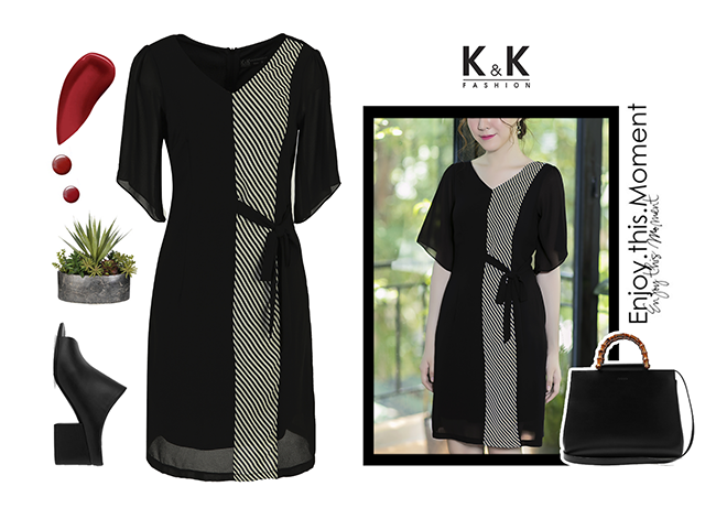 Đầm chiffon đen phối họa tiết kẻ KK67-01