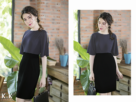 Đầm xám tím phối đen tay loe KK67-18