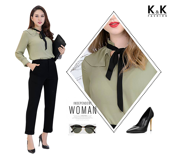 Set combo áo sơ mi viền bèo thắt nơ cổ + Quần âu thanh lịch