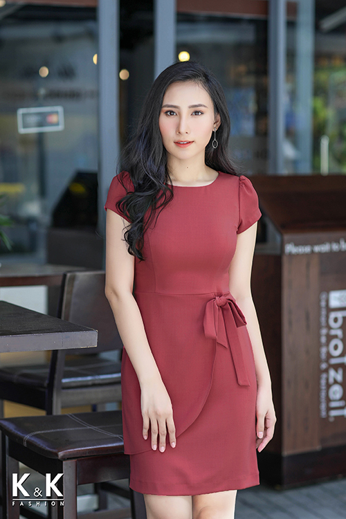 Đầm hồng thắt nơ eo xinh xắn HL01-33