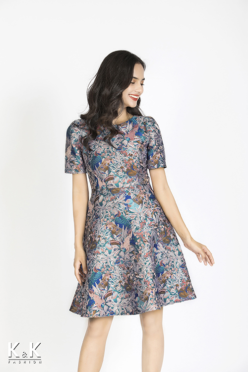 Đầm xòe dự tiệc họa tiết nhiều màu HL07-05