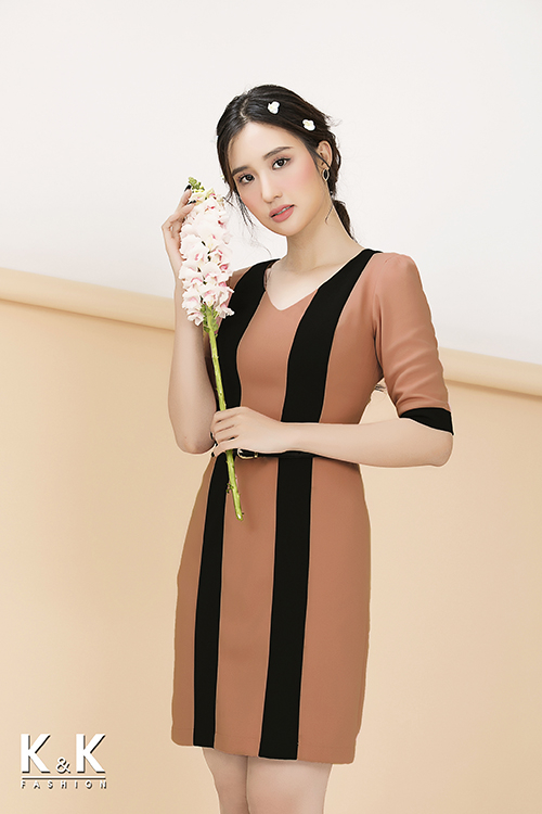 Đầm liền công sở tay lỡ phối màu hài hòa KK71-06