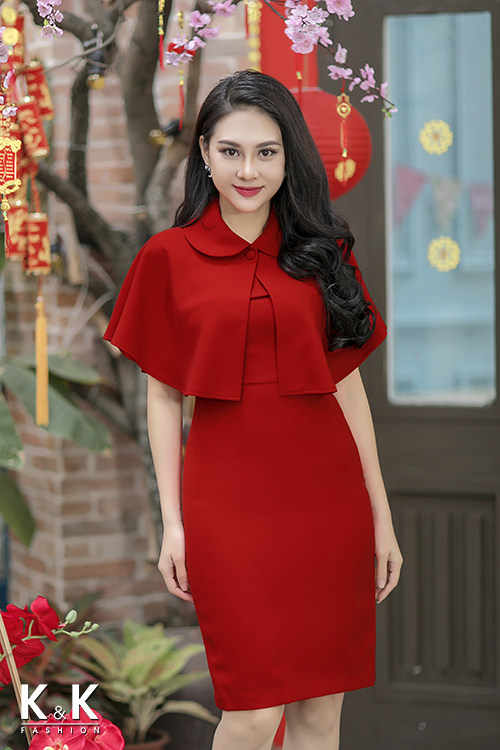 Đầm đỏ phối áo choàng nổi bật KK71-07