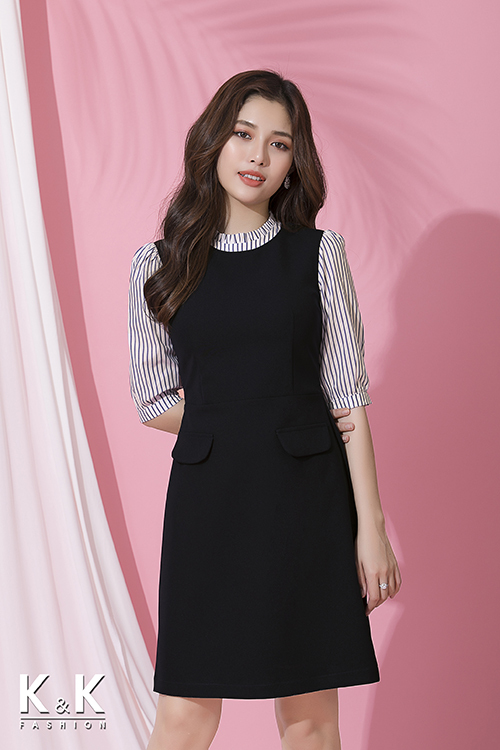 Đầm công sở dáng chữ A phối họa tiết kẻ sọc KK71-16