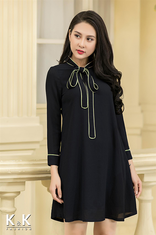 Đầm dáng suông tay dài cổ thắt nơ xinh xắn KK71-46