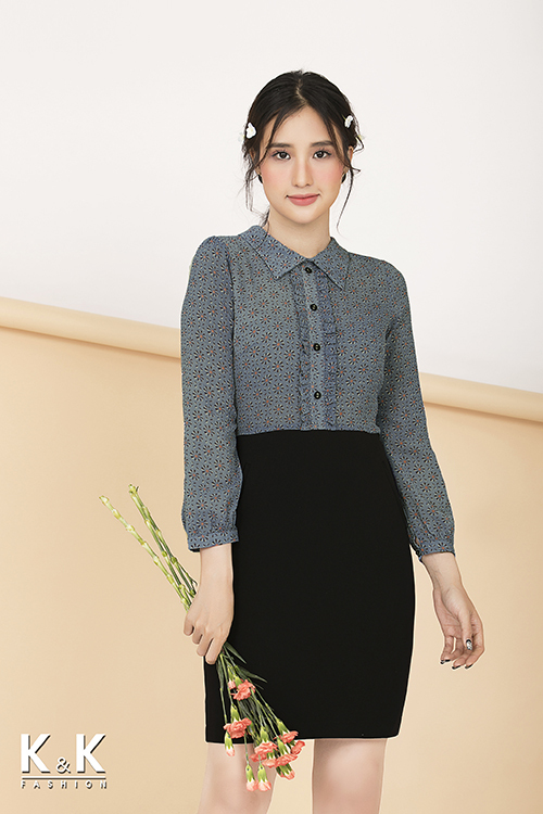 Đầm liền công sở đen phối họa tiết hoa nhí thanh lịch KK72-22