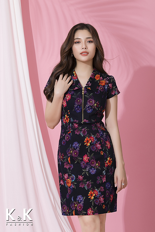 Đầm họa tiết hoa nhiều màu phối dây kéo đồng KK72-28