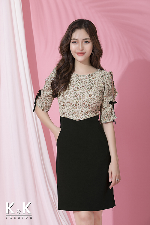 Đầm liền công sở tùng đen phối họa tiết hoa cut-out điệu đà nơi tay áo KK72-31