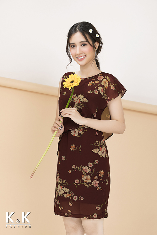 Đầm suông đỏ phối bèo họa tiết hoa KK72-38