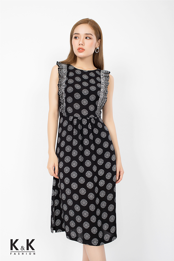 Đầm họa tiết dáng chữ A thắt eo viền bèo điệu đà KK73-35