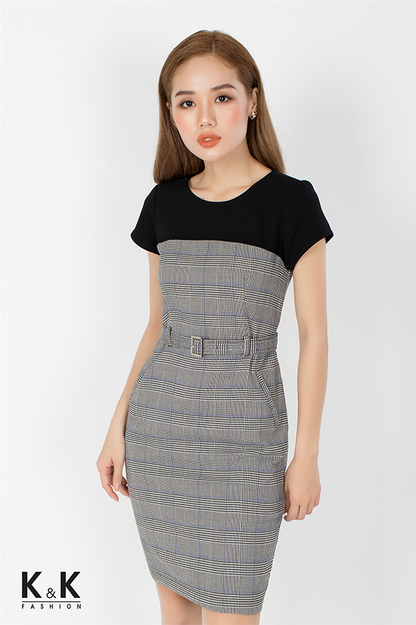 Đầm ôm họa tiết caro phối màu KK73-36