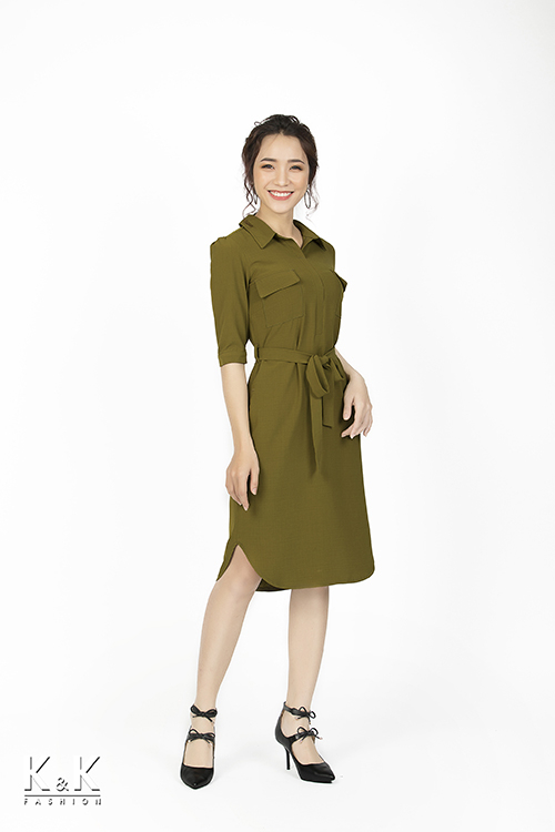 Đầm suông cổ sơ mi thắt nơ eo điệu đà KK77-03