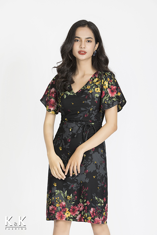 Đầm liền họa tiết cổ tim thắt nơ eo KK79-20