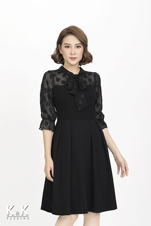 Đầm xòe phối tay lỡ chấm bi KK81-25