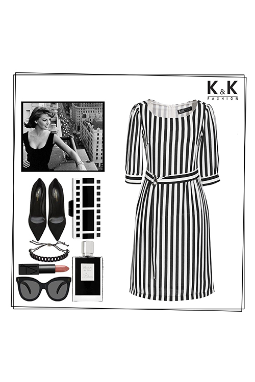 Đầm kẻ sọc thắt nơ eo KK83-23