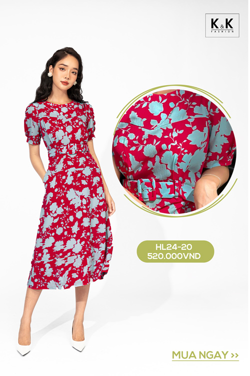 Đầm chữ A phối belt họa tiết hoa HL24-20