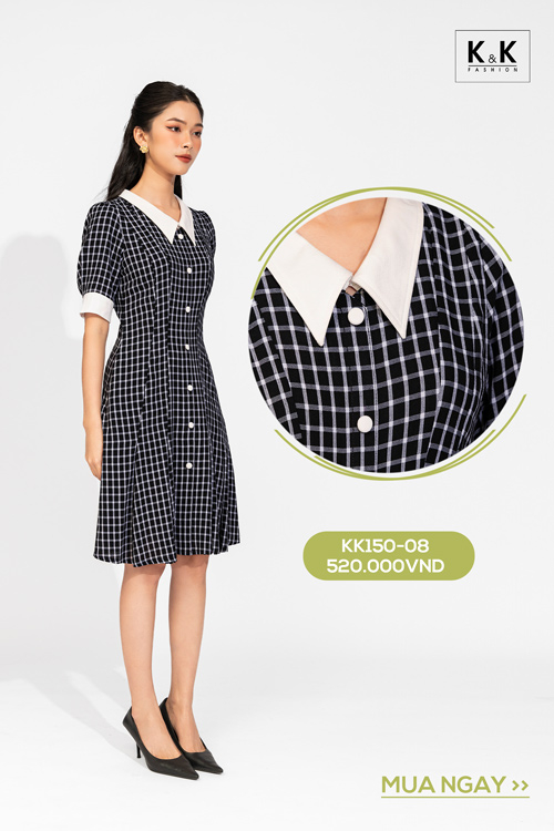 Đầm chữ A sơ mi họa tiết caro phối màu KK150-08
