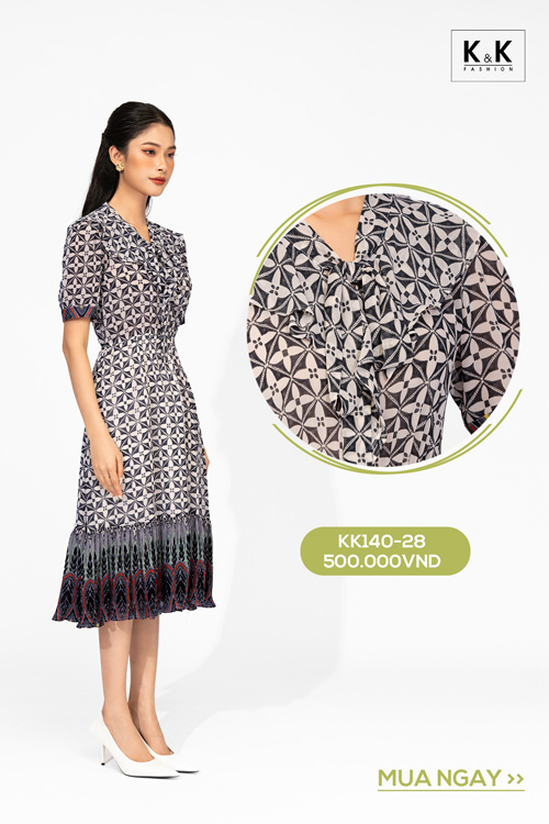 Đầm họa tiết dáng chữ a cổ thắt nơ KK140-28