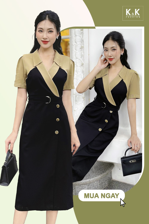 Đầm đen trung niên đẹp phối màu kèm thắt lưng KK160-21