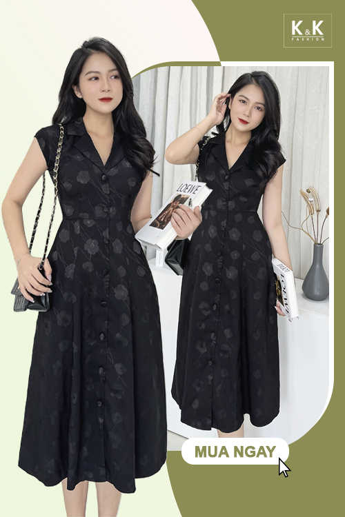 Đầm đen sơ mi dáng xòe tay hến KK150-03