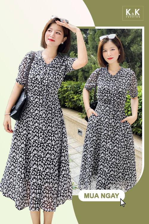 Đầm voan xòe họa tiết cổ viền bèo KK150-21