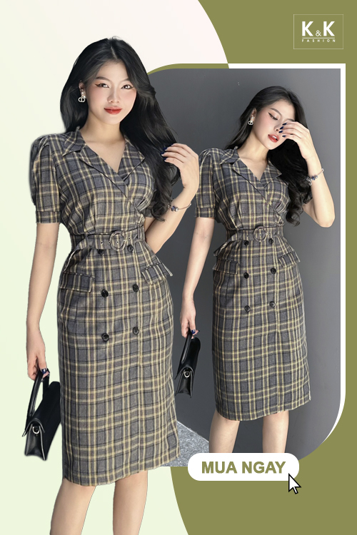 Đầm trung niên dáng ôm sang trọng họa tiết caro KK160-32