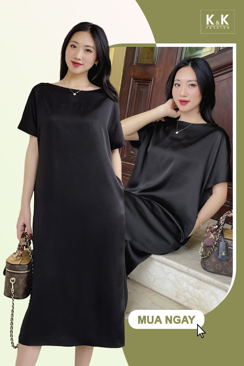 Đầm lụa đen dáng suông xẻ tà KK120-27