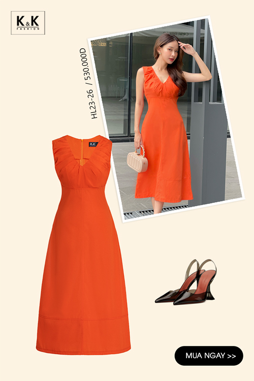 Đầm cam hợp mệnh hỏa dáng chữ A cổ tim sát nách HL23-26