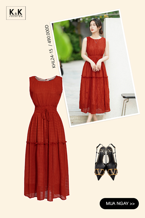 Đầm midi dáng xòe phối nơ eo HL24-15