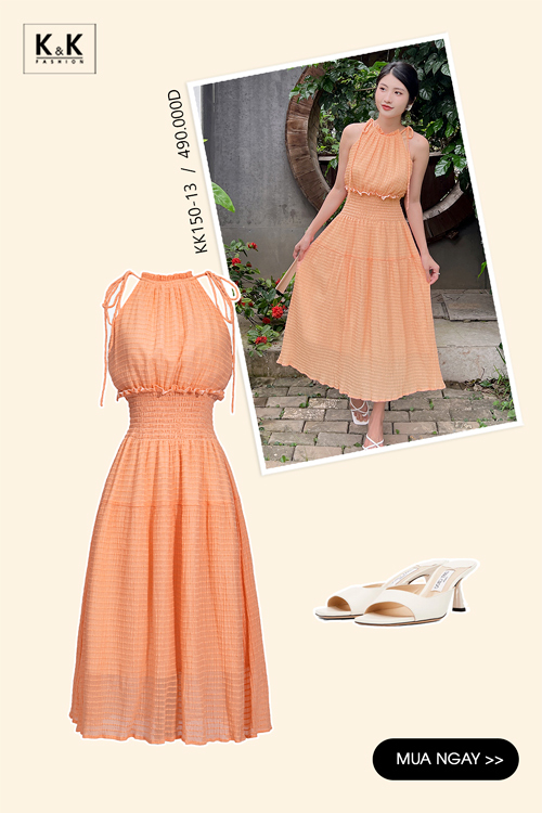 Đầm dáng dài cổ yếm eo bo chun KK150-13
