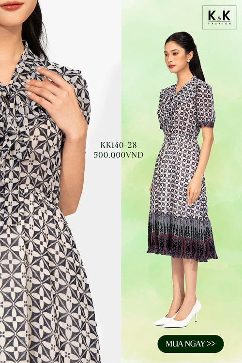 Đầm họa tiết dáng chữ a cổ thắt nơ KK140-28