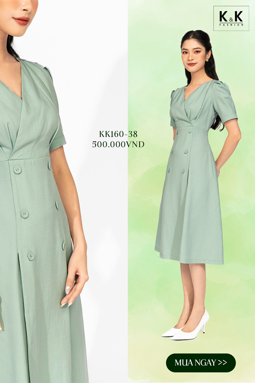 Đầm dáng A xòe phối nút cổ chữ V tay ngắn KK160-38