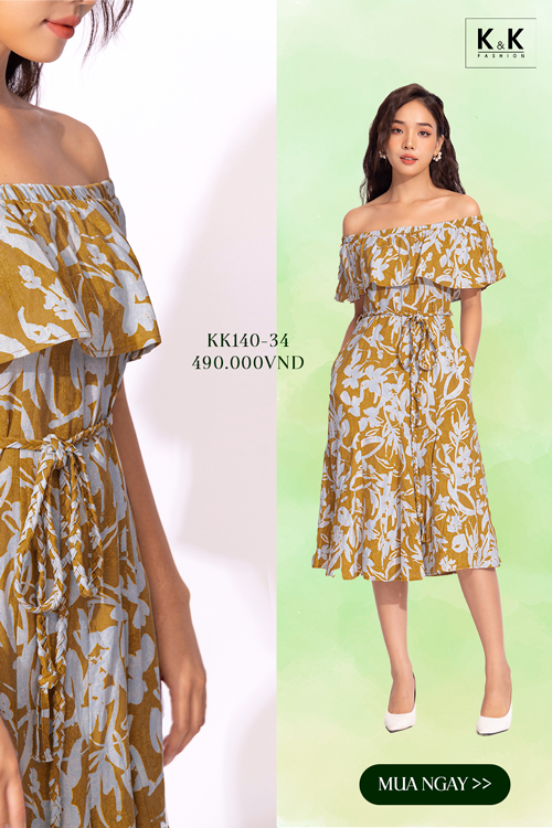 Đầm xòe trễ vai họa tiết phối đai eo KK140-34