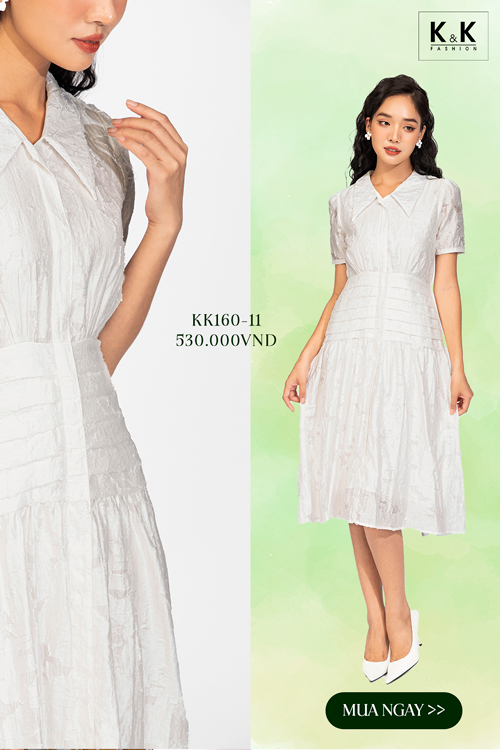Đầm trắng cổ sen nhọn phối xếp ly KK160-11