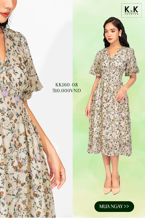 Đầm hoa công sở nhấn eo cao KK160-08