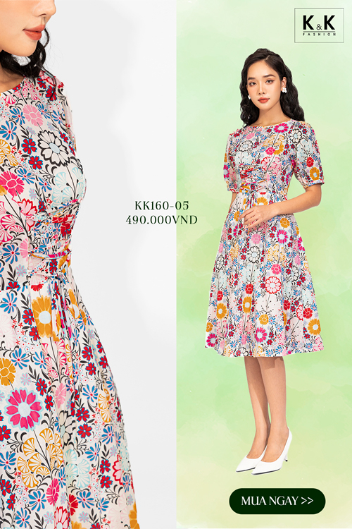 Đầm xòe hoa nhiều màu đan dây eo KK160-05