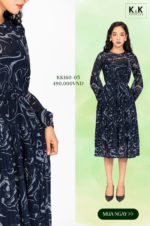 Đầm công sở dáng xòe họa tiết tay dài HL24-06