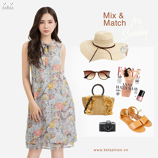 Váy chữ A họa tiết hoa thắt nơ cổ KK86-18